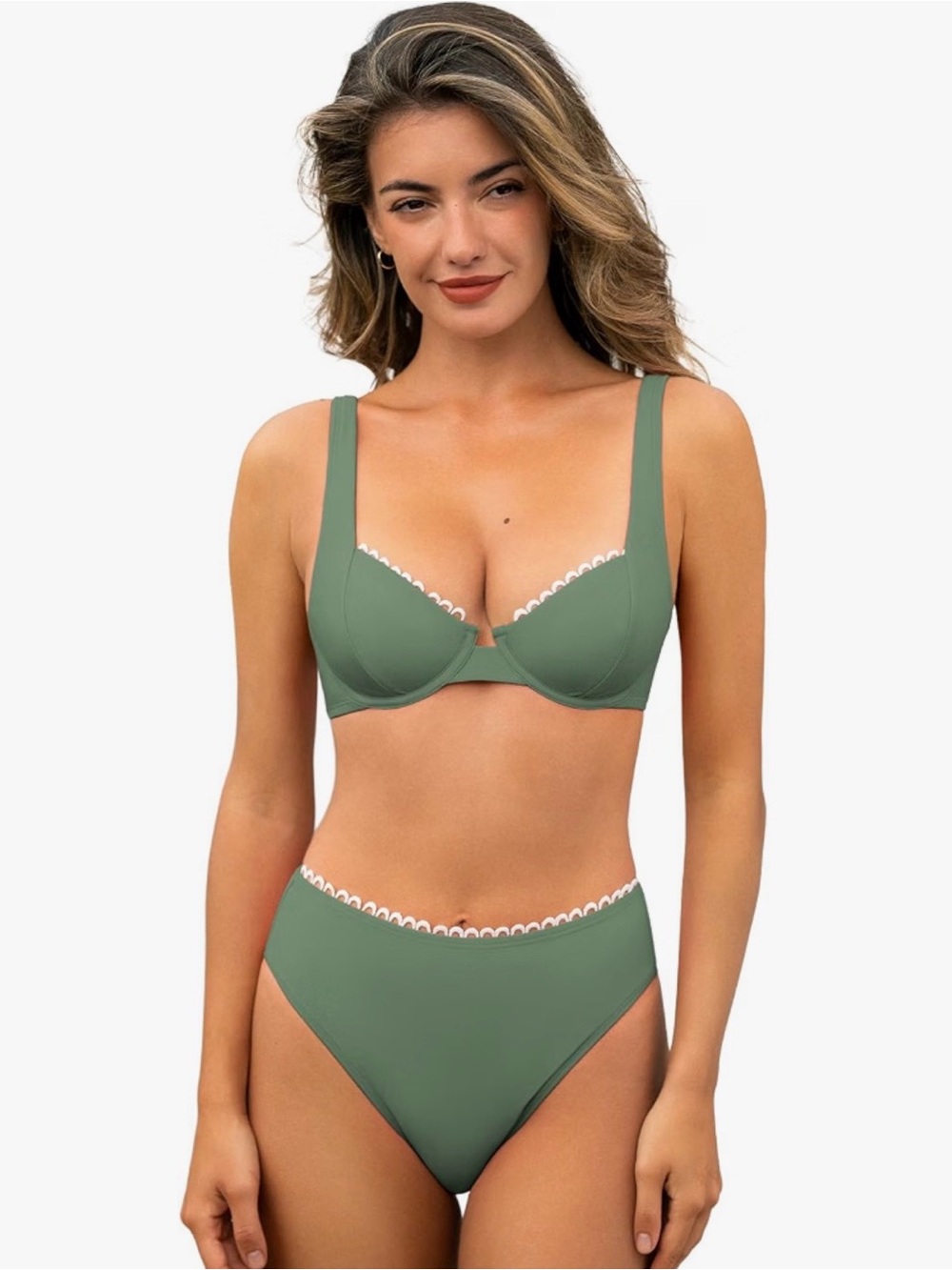 Cupshe Sage Green Lace-Trim Underwire Bra & High-Waist Swimsuit Set